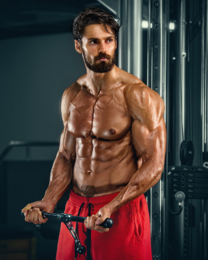 Muscular man doing cable triceps pushdown in the gym