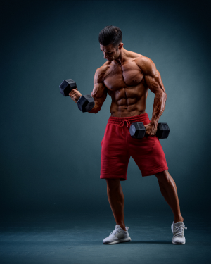 Bodybuilder in red shorts doing dumbbell curls for arm strength training